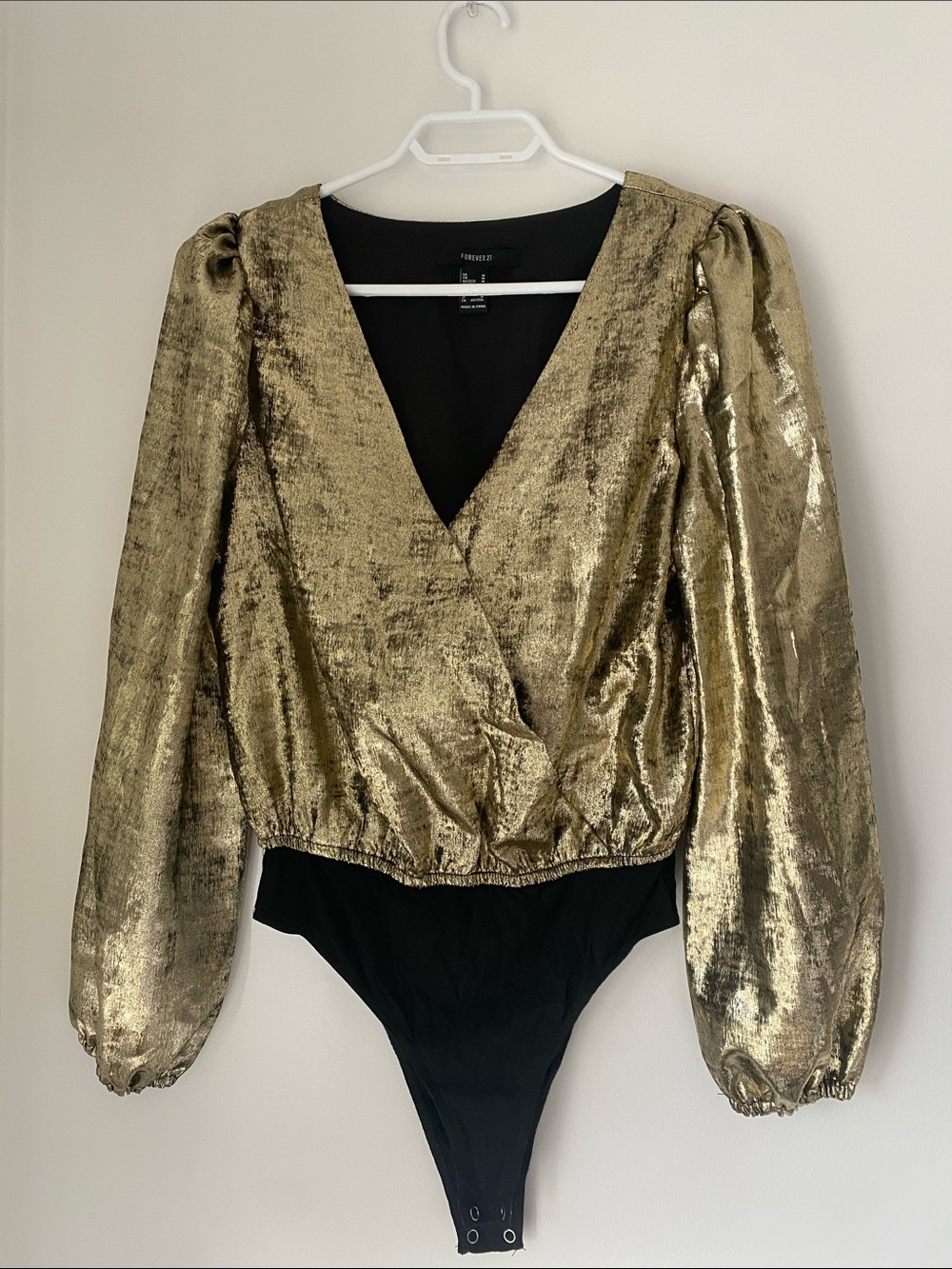 2 for $15 Metallic Gold Puff Sleeve V-Neck Bodysuit